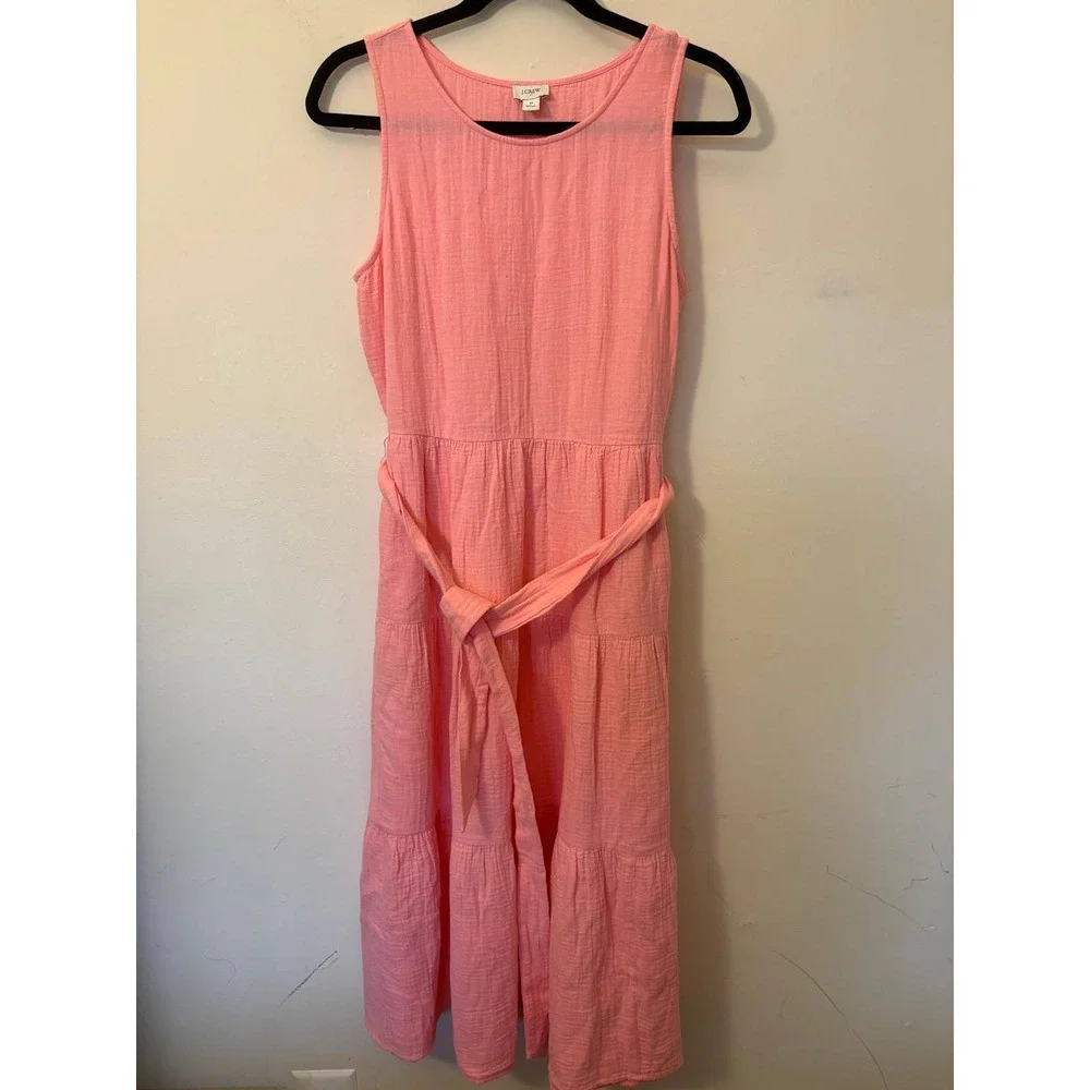 J.Crew Pink Textured Cotton Gauze Tiered Midi Dress with‎ Belt Size 6